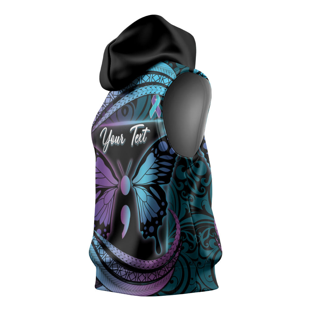 Personalised Polynesia Suicide Prevention Month Sleeveless Hoodie Semicolon Butterfly Never Give Up Polynesian Pattern LT22 - Polynesian Pride