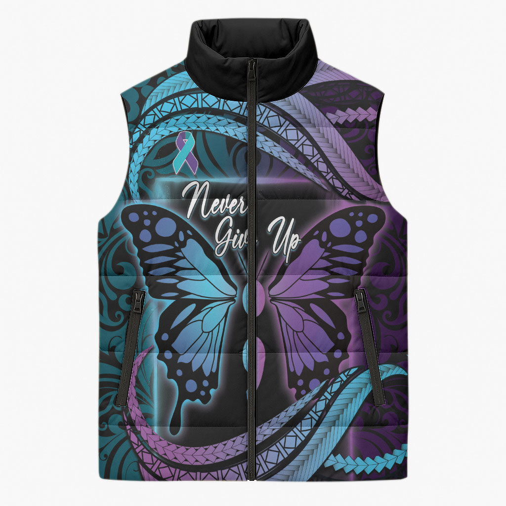 Personalised Polynesia Suicide Prevention Month Sleeveless Puffer Jacket Semicolon Butterfly Never Give Up Polynesian Pattern