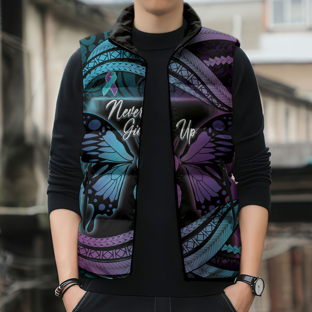 Personalised Polynesia Suicide Prevention Month Sleeveless Puffer Jacket Semicolon Butterfly Never Give Up Polynesian Pattern LT22 - Polynesian Pride