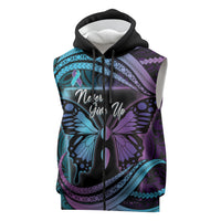 Personalised Polynesia Suicide Prevention Month Sleeveless Zip Hoodie Semicolon Butterfly Never Give Up Polynesian Pattern LT22 Teal - Polynesian Pride