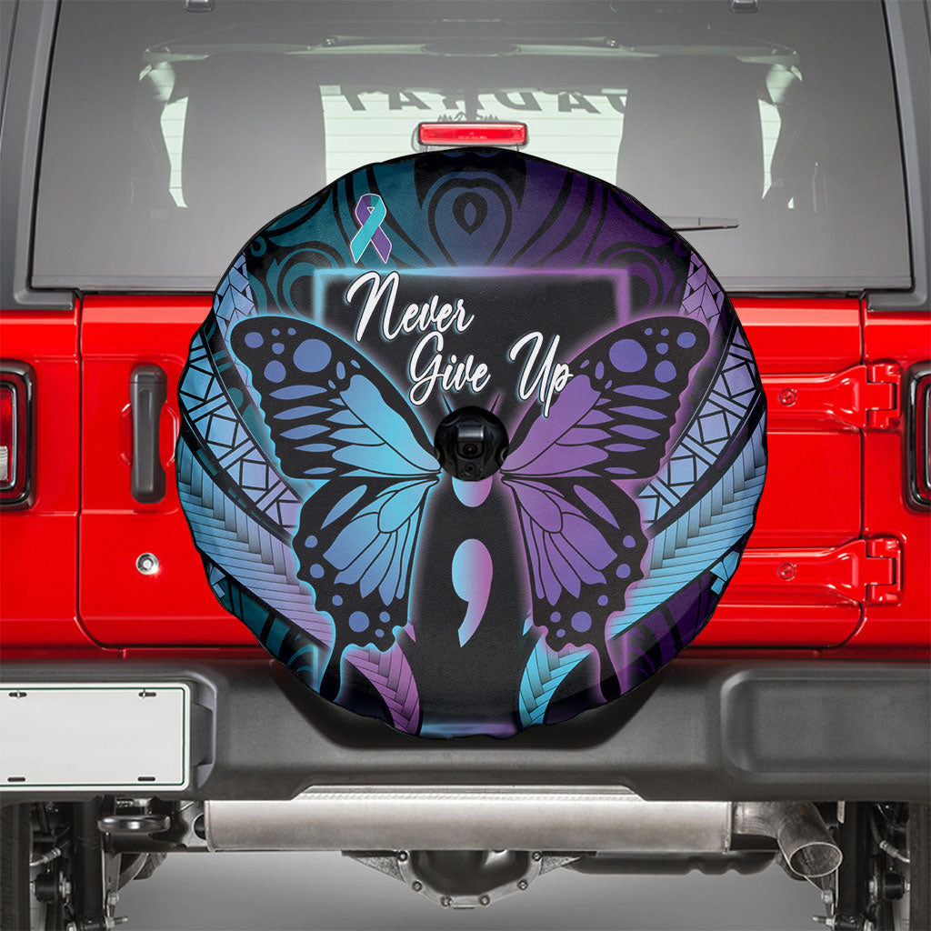 Polynesia Suicide Prevention Month Spare Tire Cover Semicolon Butterfly Never Give Up Polynesian Pattern LT22 - Polynesian Pride