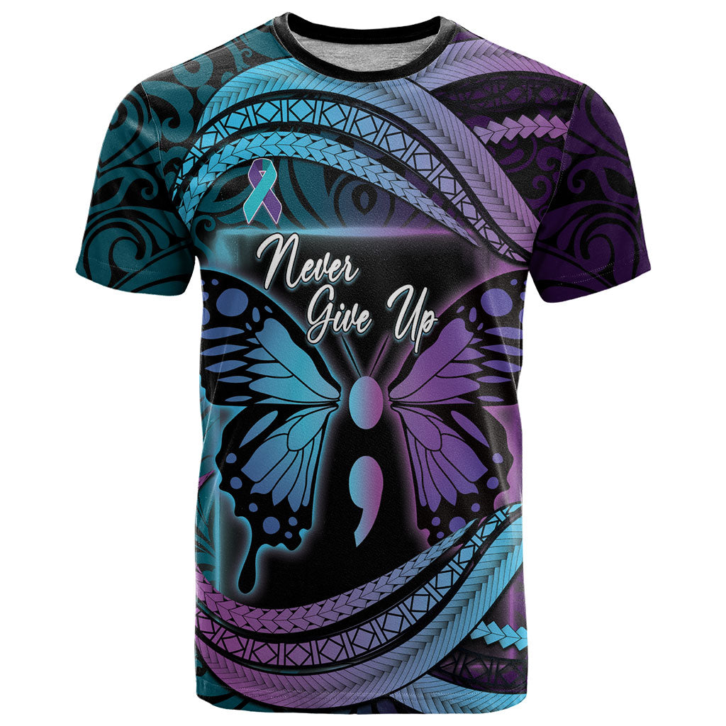 Personalised Polynesia Suicide Prevention Month T Shirt Semicolon Butterfly Never Give Up Polynesian Pattern