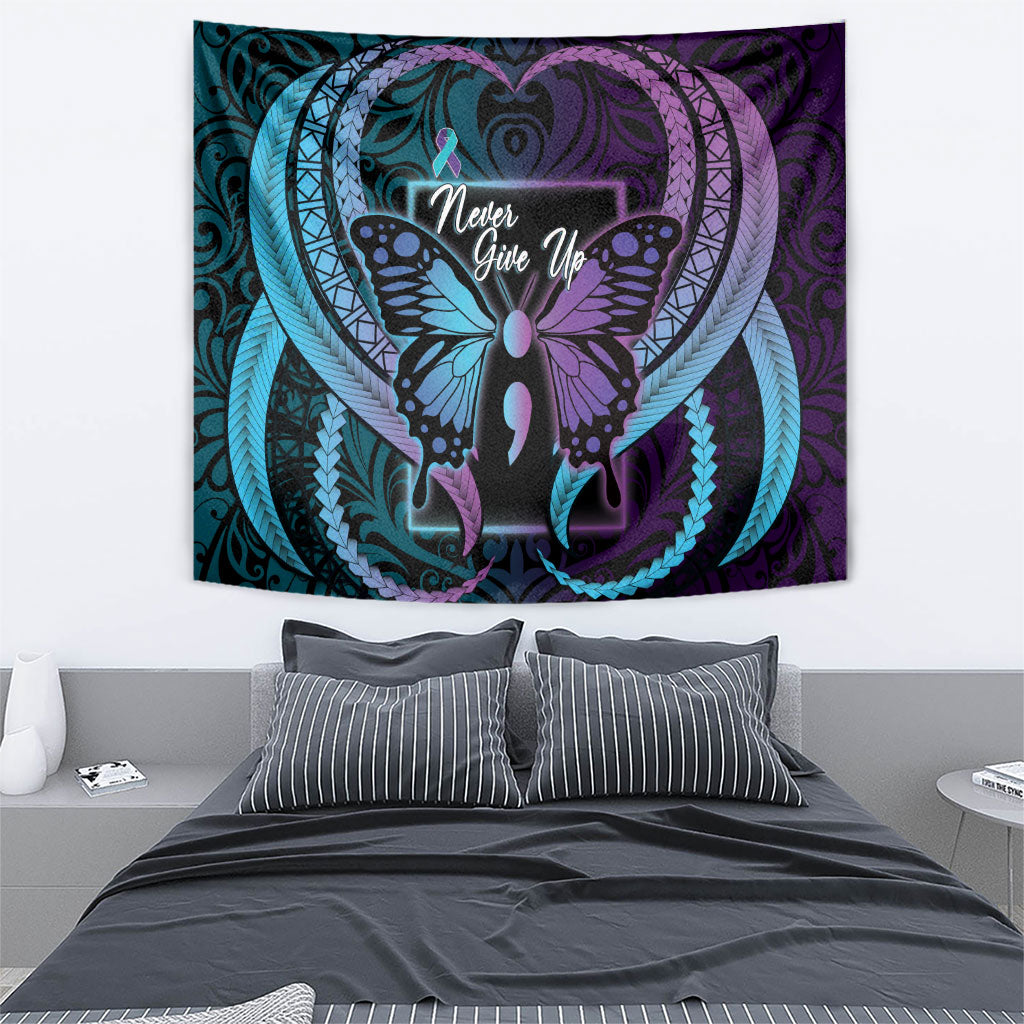 Polynesia Suicide Prevention Month Tapestry Semicolon Butterfly Never Give Up Polynesian Pattern LT22 - Polynesian Pride