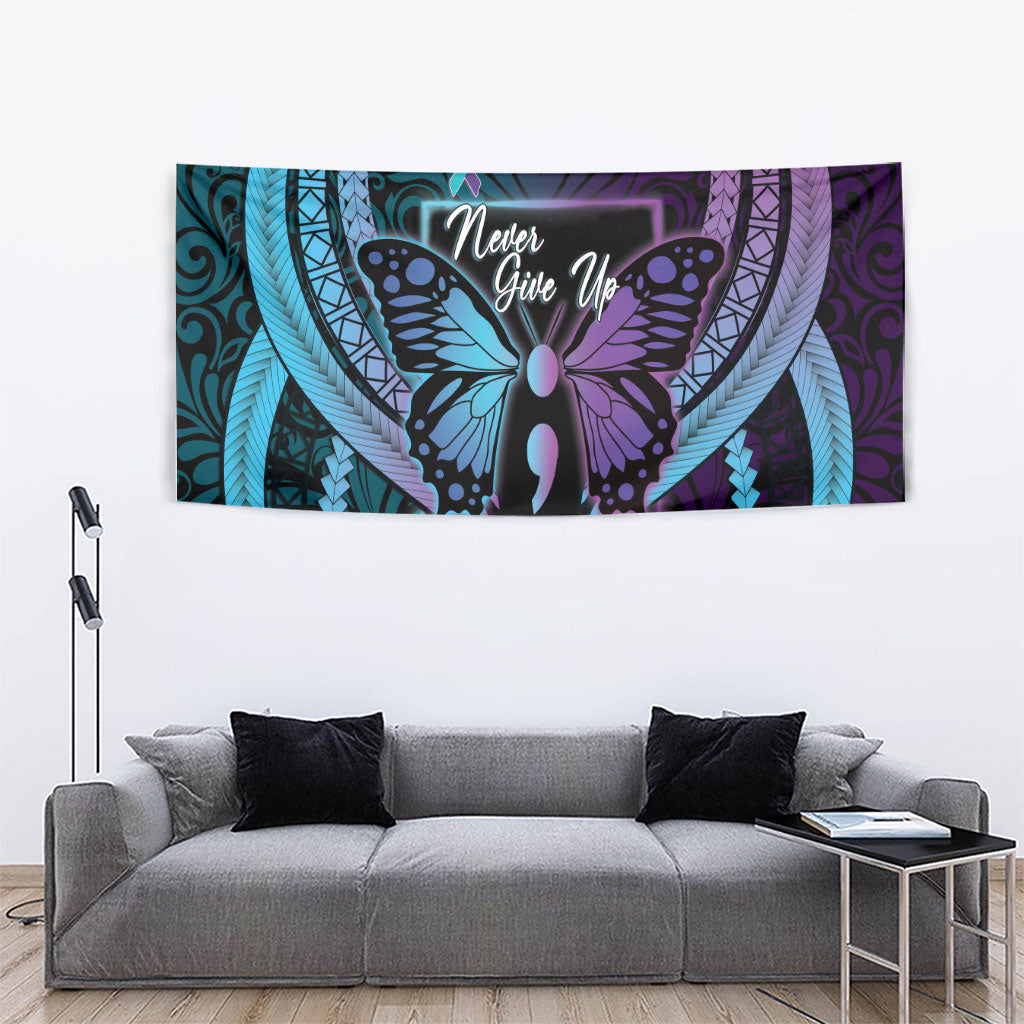 Polynesia Suicide Prevention Month Tapestry Semicolon Butterfly Never Give Up Polynesian Pattern LT22 - Polynesian Pride