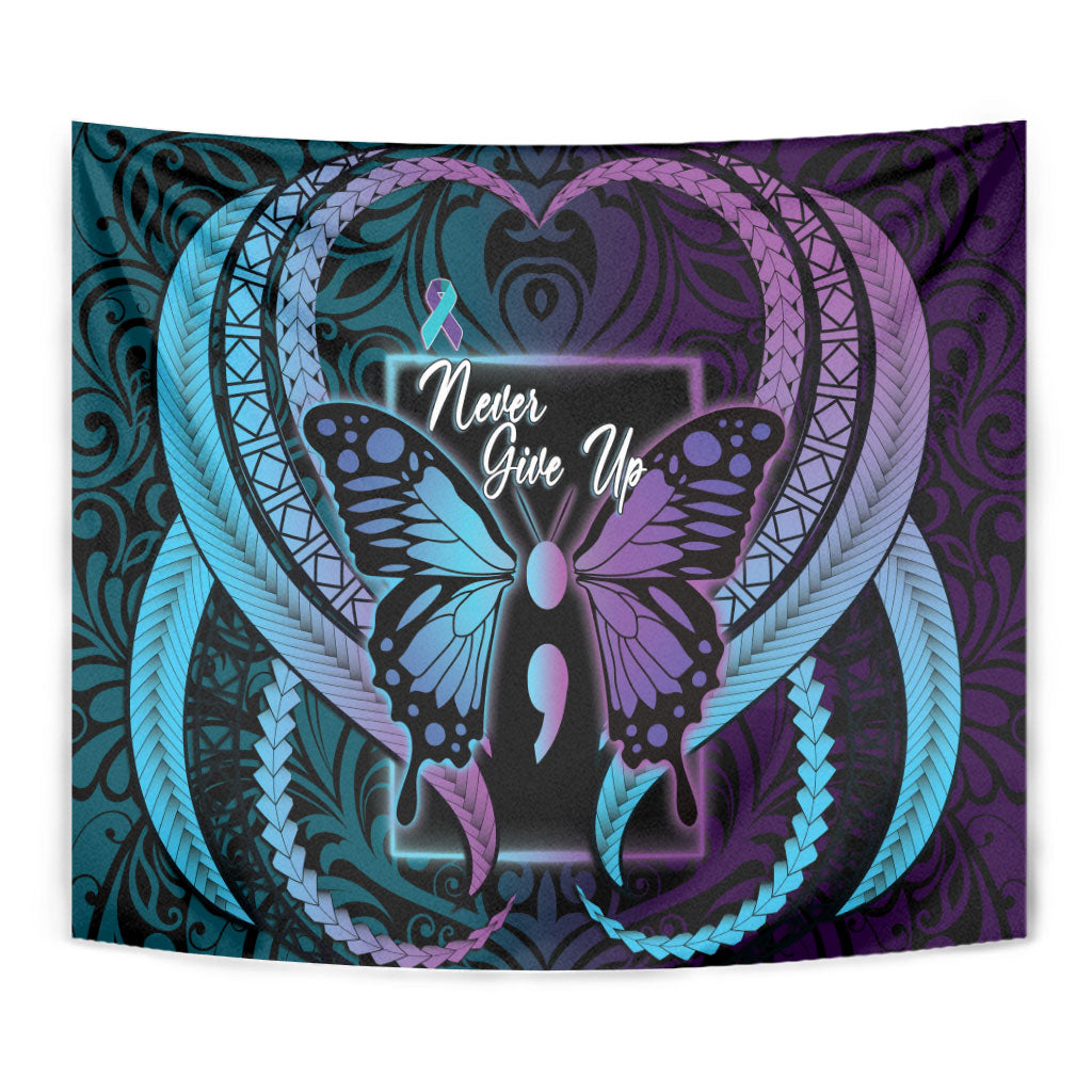 Polynesia Suicide Prevention Month Tapestry Semicolon Butterfly Never Give Up Polynesian Pattern LT22 - Polynesian Pride