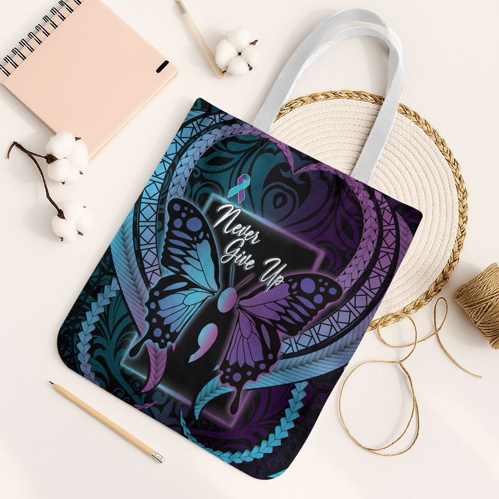 Polynesia Suicide Prevention Month Tote Bag Semicolon Butterfly Never Give Up Polynesian Pattern LT22 White Strap One Size Teal - Polynesian Pride