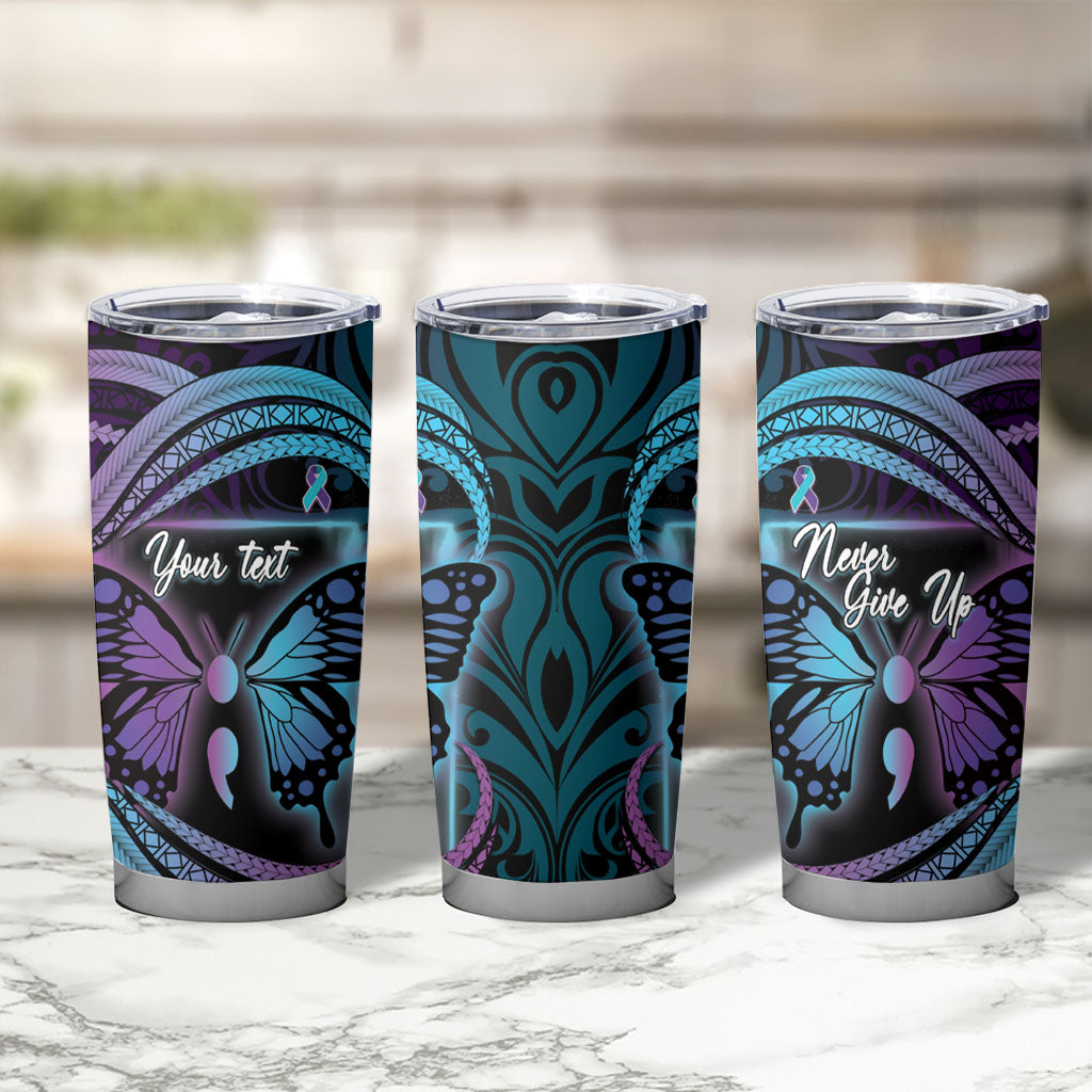 Personalised Polynesia Suicide Prevention Month Tumbler Cup Semicolon Butterfly Never Give Up Polynesian Pattern LT22 - Polynesian Pride
