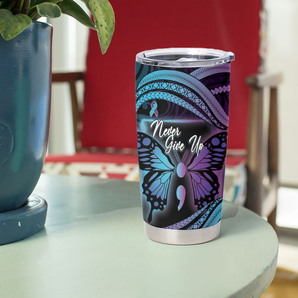 Personalised Polynesia Suicide Prevention Month Tumbler Cup Semicolon Butterfly Never Give Up Polynesian Pattern LT22 - Polynesian Pride