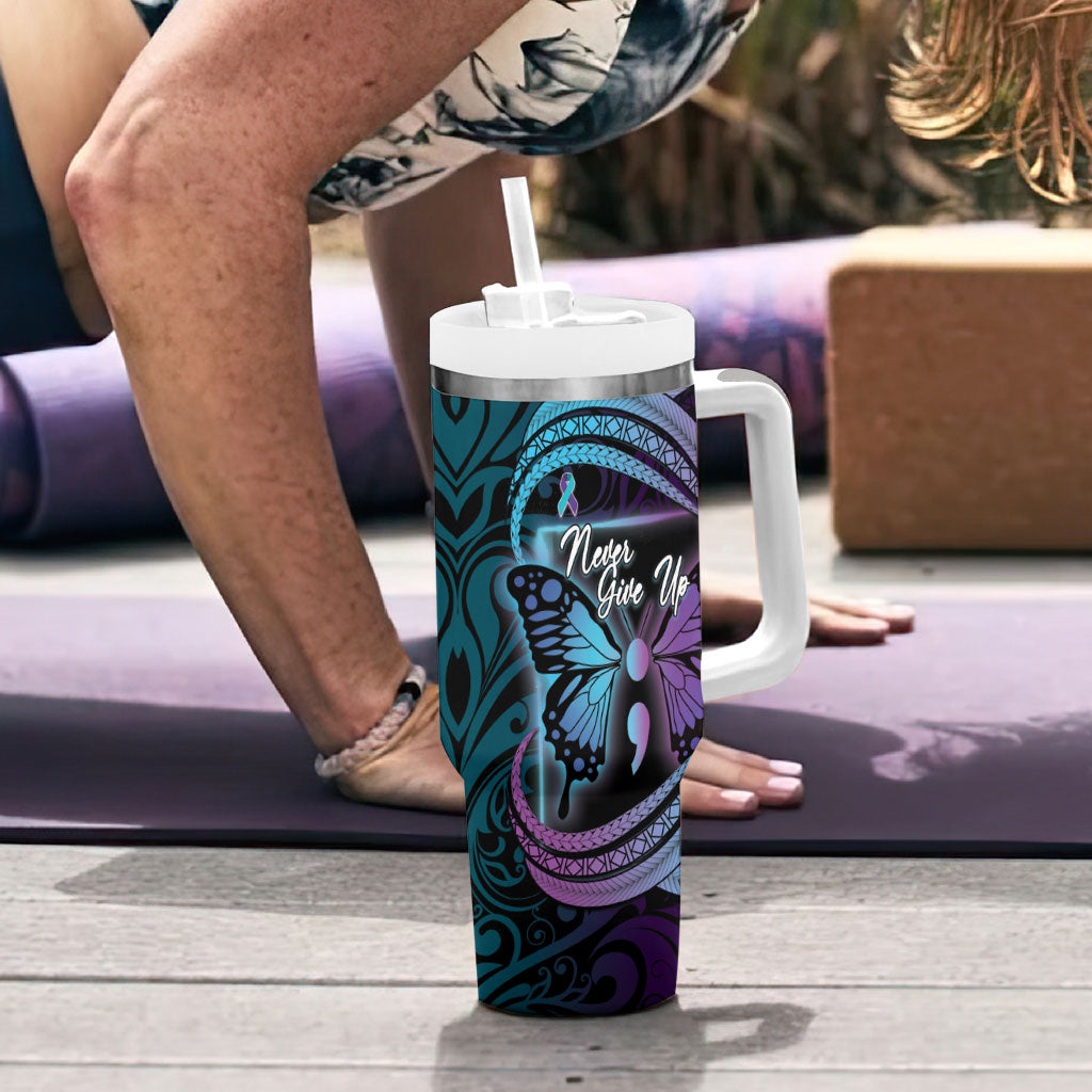 Personalised Polynesia Suicide Prevention Month Tumbler With Handle Semicolon Butterfly Never Give Up Polynesian Pattern LT22 - Polynesian Pride