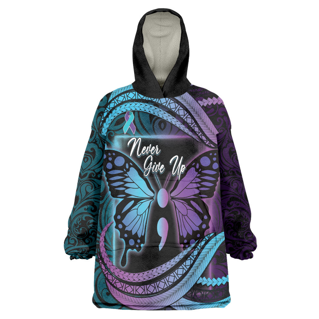 Personalised Polynesia Suicide Prevention Month Wearable Blanket Hoodie Semicolon Butterfly Never Give Up Polynesian Pattern