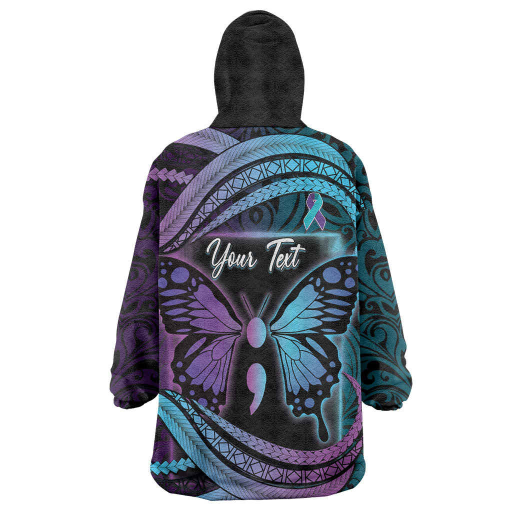 Personalised Polynesia Suicide Prevention Month Wearable Blanket Hoodie Semicolon Butterfly Never Give Up Polynesian Pattern LT22 - Polynesian Pride