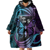 Personalised Polynesia Suicide Prevention Month Wearable Blanket Hoodie Semicolon Butterfly Never Give Up Polynesian Pattern LT22 - Polynesian Pride