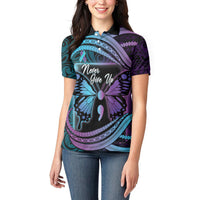 Personalised Polynesia Suicide Prevention Month Women Polo Shirt Semicolon Butterfly Never Give Up Polynesian Pattern LT22 - Polynesian Pride