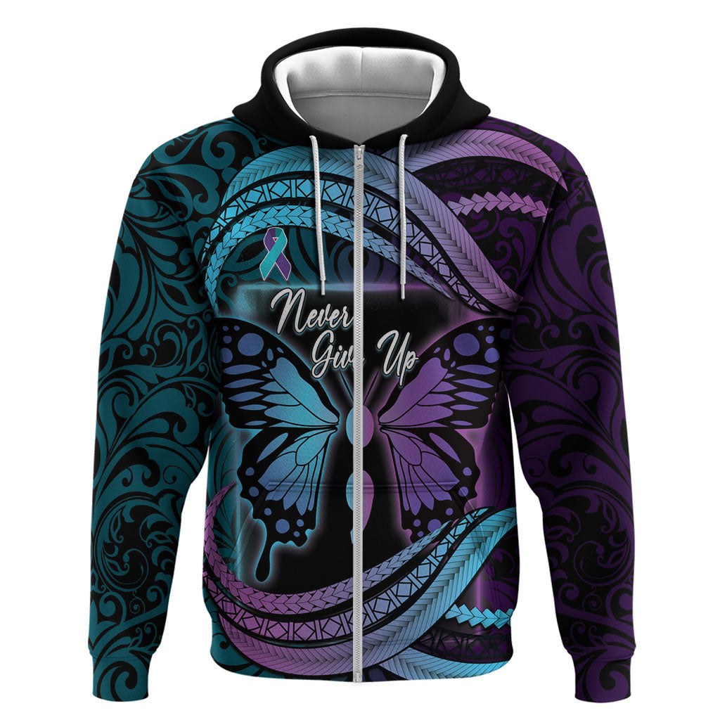 Personalised Polynesia Suicide Prevention Month Zip Hoodie Semicolon Butterfly Never Give Up Polynesian Pattern LT22 Zip Hoodie Teal - Polynesian Pride
