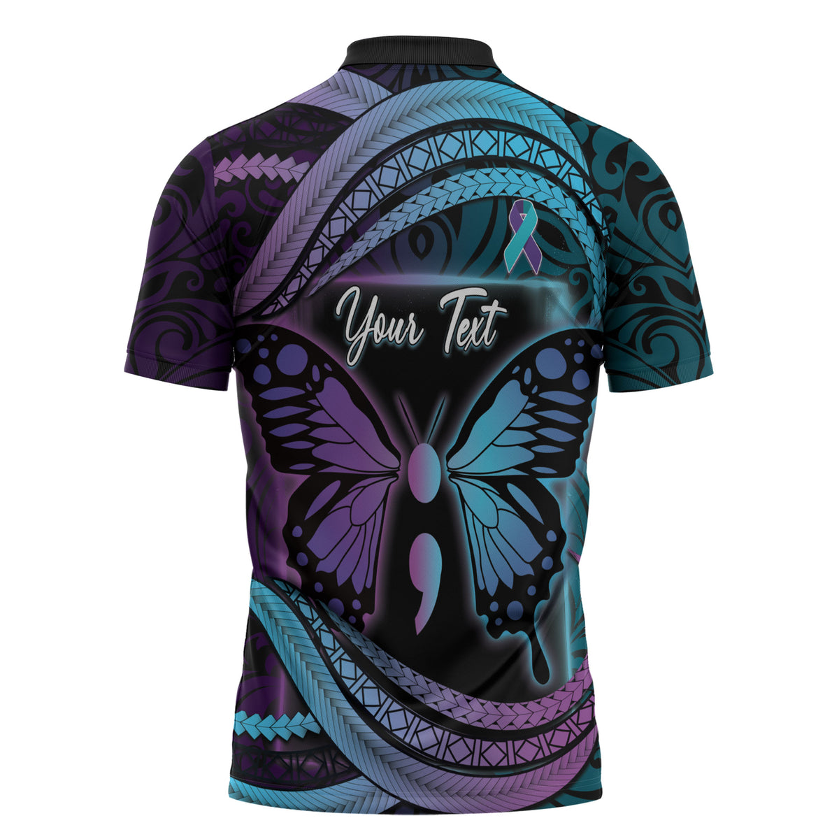Personalised Polynesia Suicide Prevention Month Zipper Polo Shirt Semicolon Butterfly Never Give Up Polynesian Pattern LT22 - Polynesian Pride