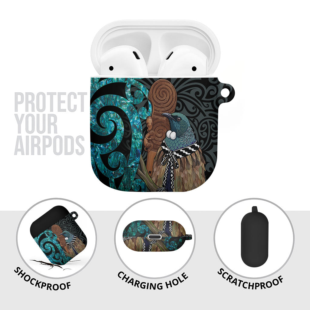 New Zealand Tui Bird Wahaika AirPods Case Maori Weapon Paua Shell Koru Pattern