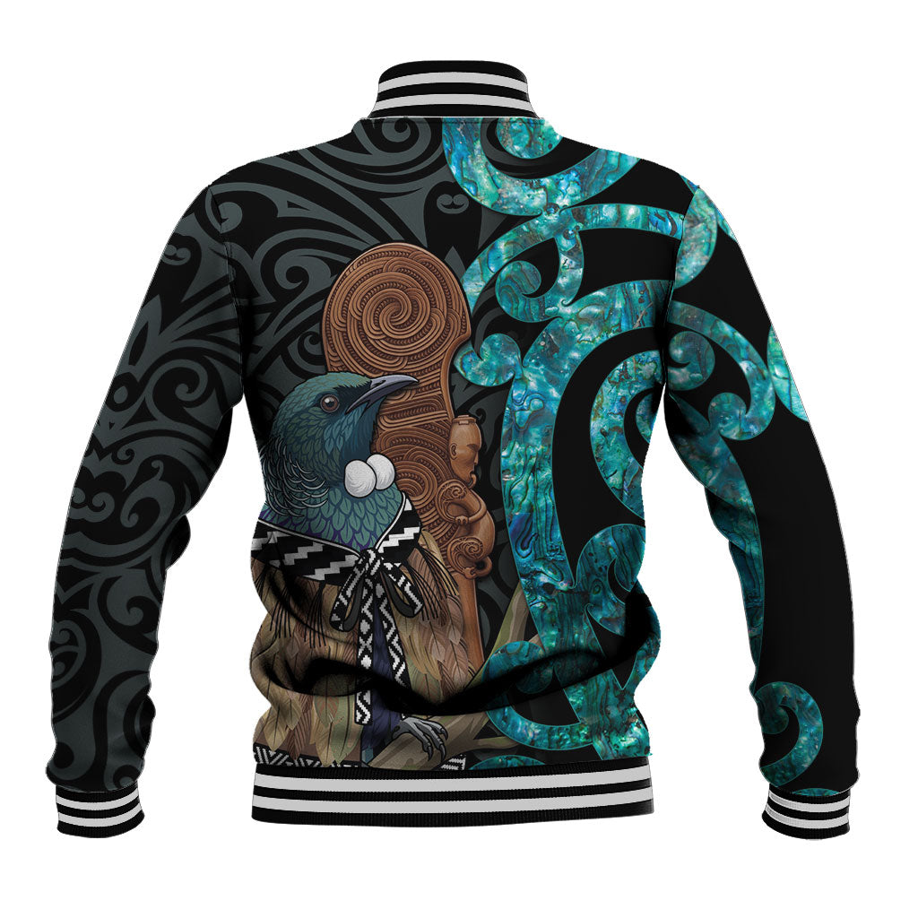 New Zealand Tui Bird Wahaika Baseball Jacket Maori Weapon Paua Shell Koru Pattern
