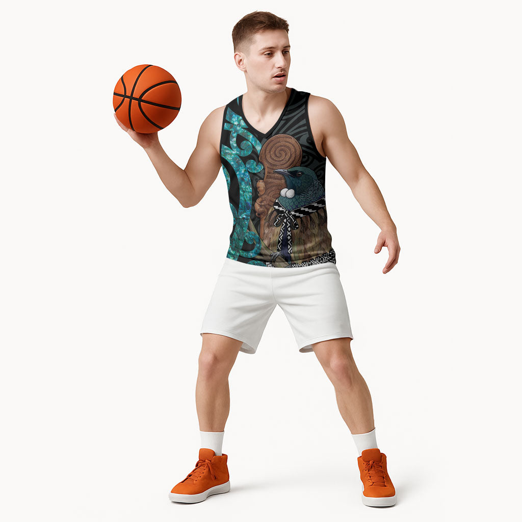 New Zealand Tui Bird Wahaika Basketball Jersey Maori Weapon Paua Shell Koru Pattern