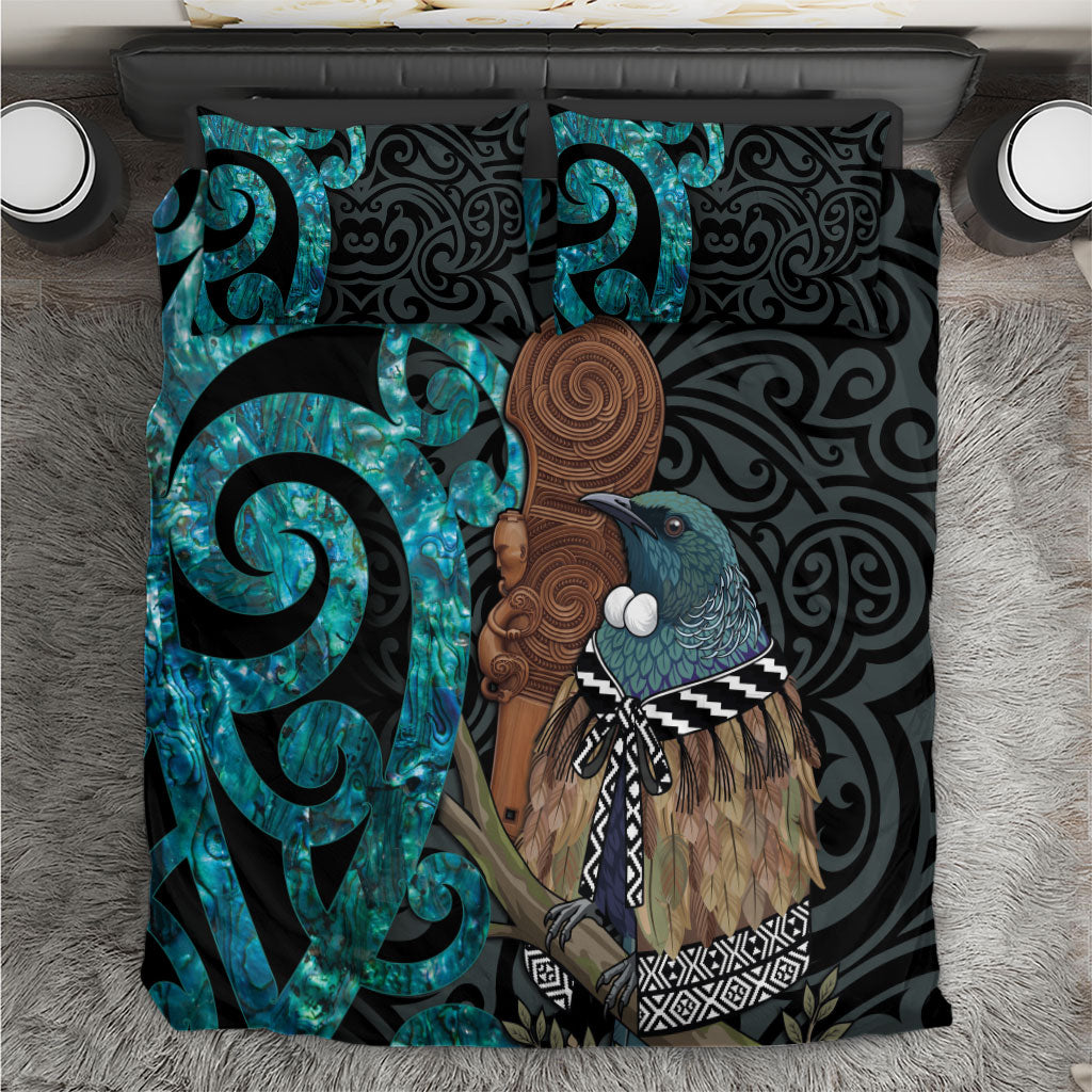 New Zealand Tui Bird Wahaika Bedding Set Maori Weapon Paua Shell Koru Pattern