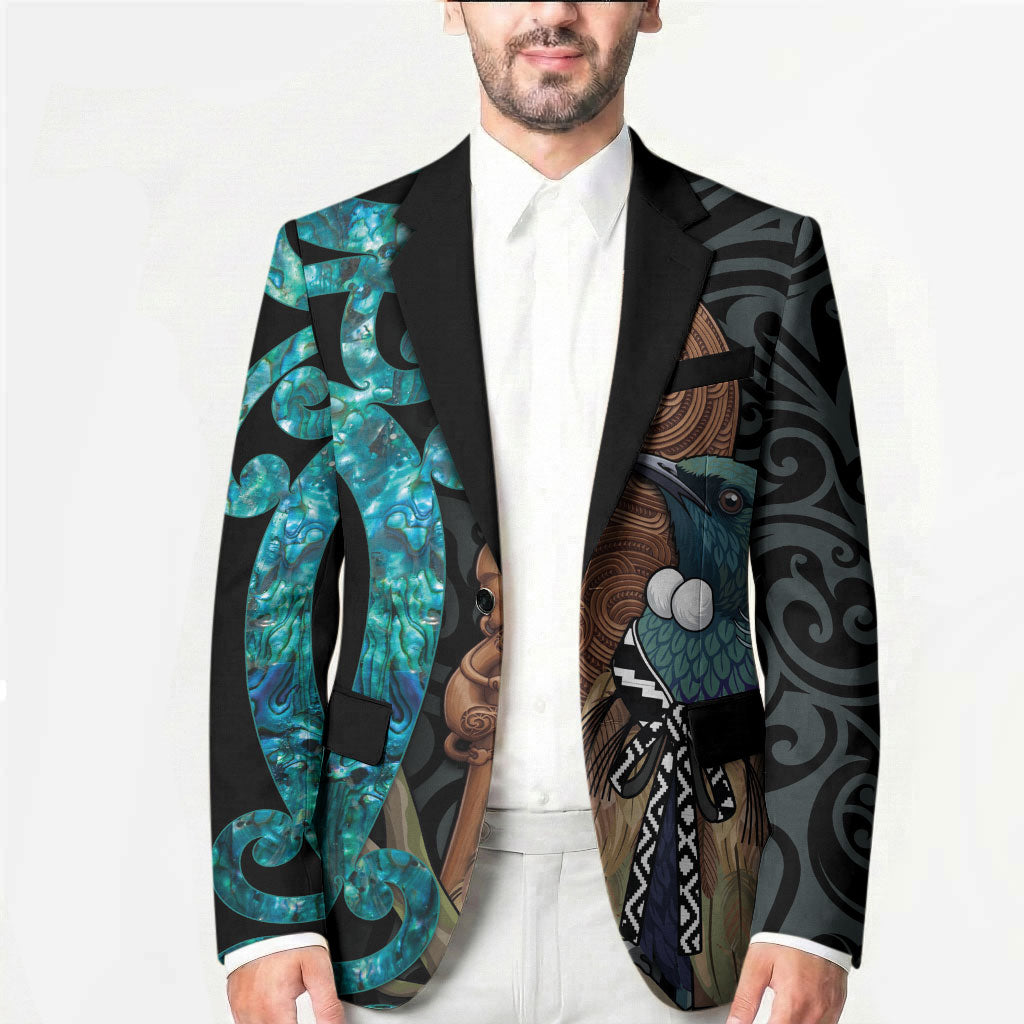 New Zealand Tui Bird Wahaika Blazer Maori Weapon Paua Shell Koru Pattern