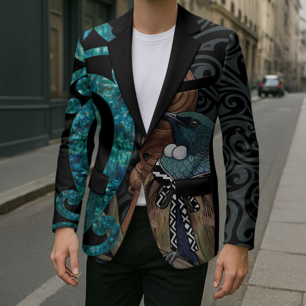 New Zealand Tui Bird Wahaika Blazer Maori Weapon Paua Shell Koru Pattern