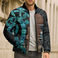 New Zealand Tui Bird Wahaika Bomber Puffer Jacket Maori Weapon Paua Shell Koru Pattern