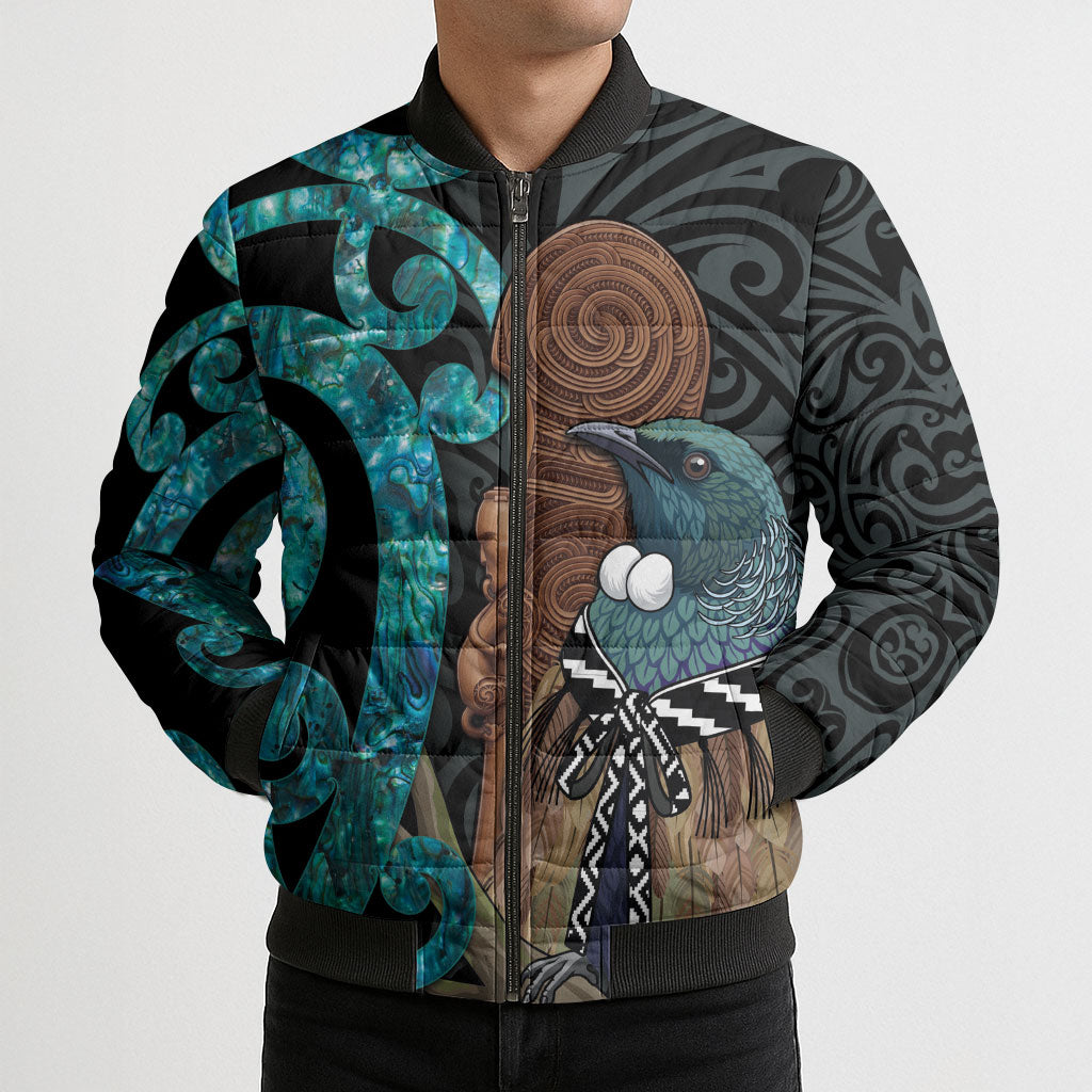 New Zealand Tui Bird Wahaika Bomber Puffer Jacket Maori Weapon Paua Shell Koru Pattern