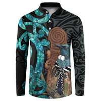 New Zealand Tui Bird Wahaika Button Sweatshirt Maori Weapon Paua Shell Koru Pattern