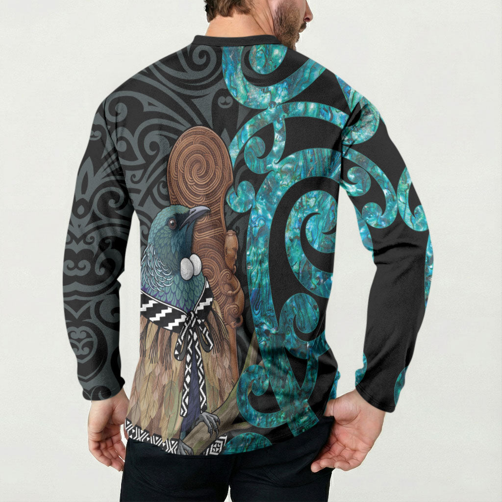 New Zealand Tui Bird Wahaika Button Sweatshirt Maori Weapon Paua Shell Koru Pattern