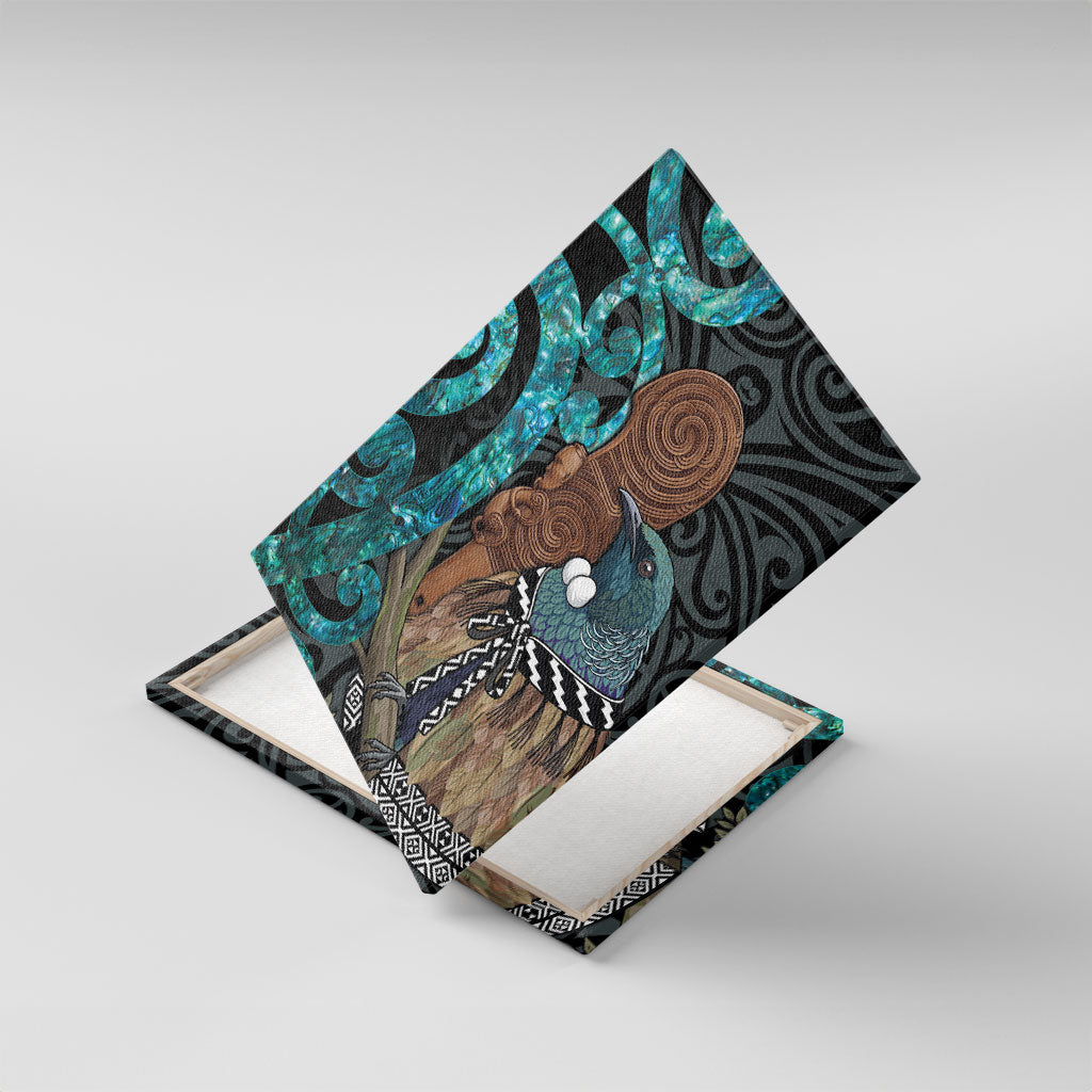 New Zealand Tui Bird Wahaika Canvas Wall Art Maori Weapon Paua Shell Koru Pattern