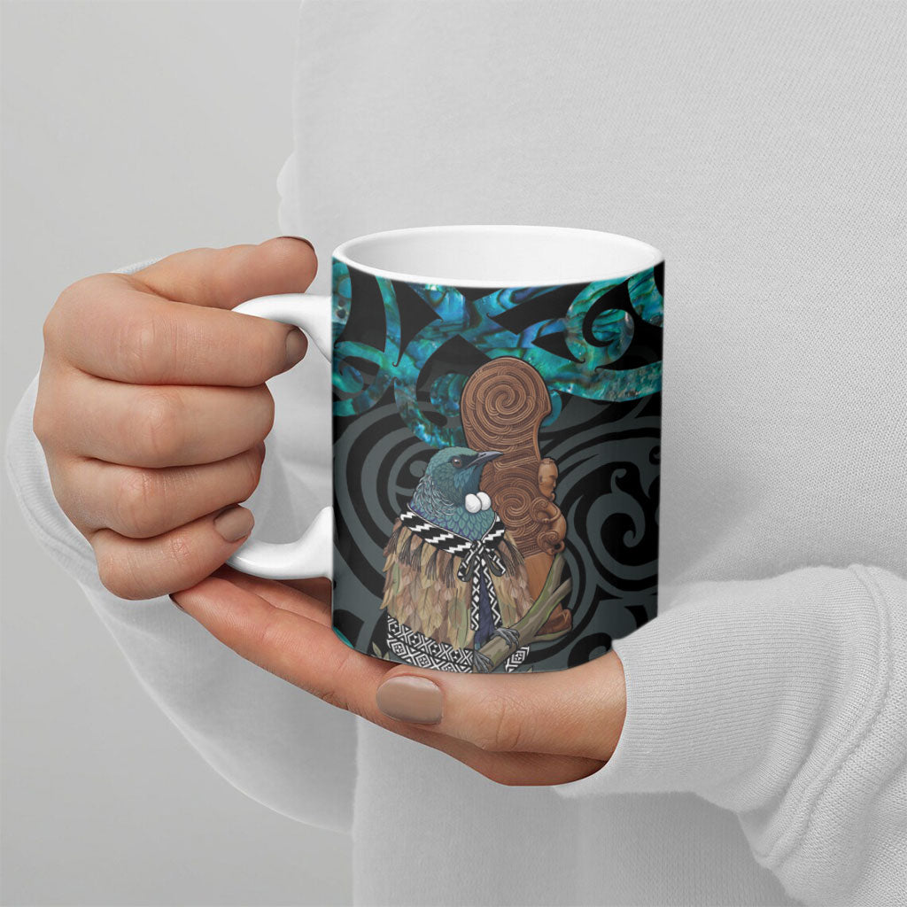 New Zealand Tui Bird Wahaika Ceramic Mug Maori Weapon Paua Shell Koru Pattern