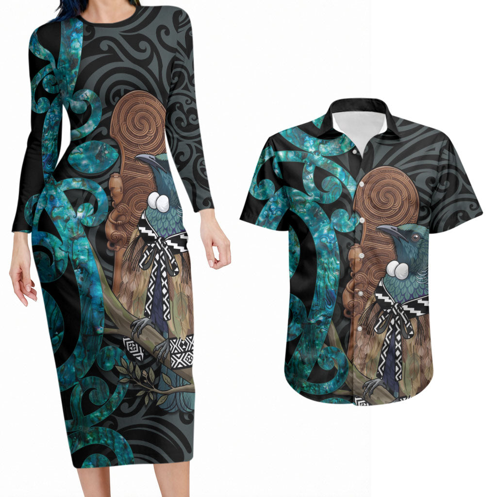 New Zealand Tui Bird Wahaika Couples Matching Long Sleeve Bodycon Dress and Hawaiian Shirt Maori Weapon Paua Shell Koru Pattern