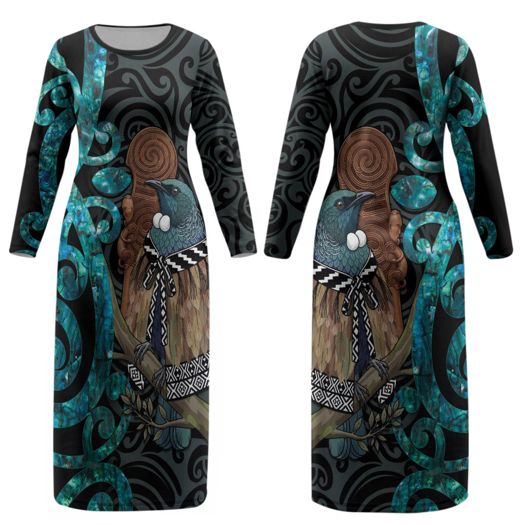 New Zealand Tui Bird Wahaika Couples Matching Long Sleeve Bodycon Dress and Hawaiian Shirt Maori Weapon Paua Shell Koru Pattern