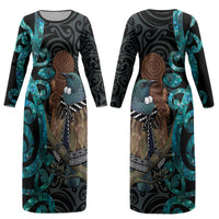 New Zealand Tui Bird Wahaika Couples Matching Long Sleeve Bodycon Dress and Long Sleeve Button Shirt Maori Weapon Paua Shell Koru Pattern
