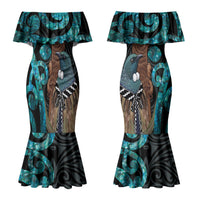New Zealand Tui Bird Wahaika Couples Matching Mermaid Dress and Long Sleeve Button Shirt Maori Weapon Paua Shell Koru Pattern