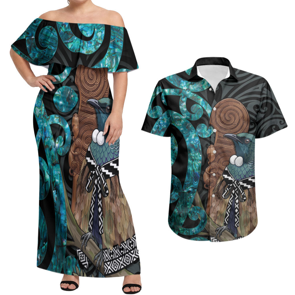 New Zealand Tui Bird Wahaika Couples Matching Off Shoulder Maxi Dress and Hawaiian Shirt Maori Weapon Paua Shell Koru Pattern