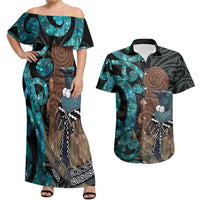 New Zealand Tui Bird Wahaika Couples Matching Off Shoulder Maxi Dress and Hawaiian Shirt Maori Weapon Paua Shell Koru Pattern