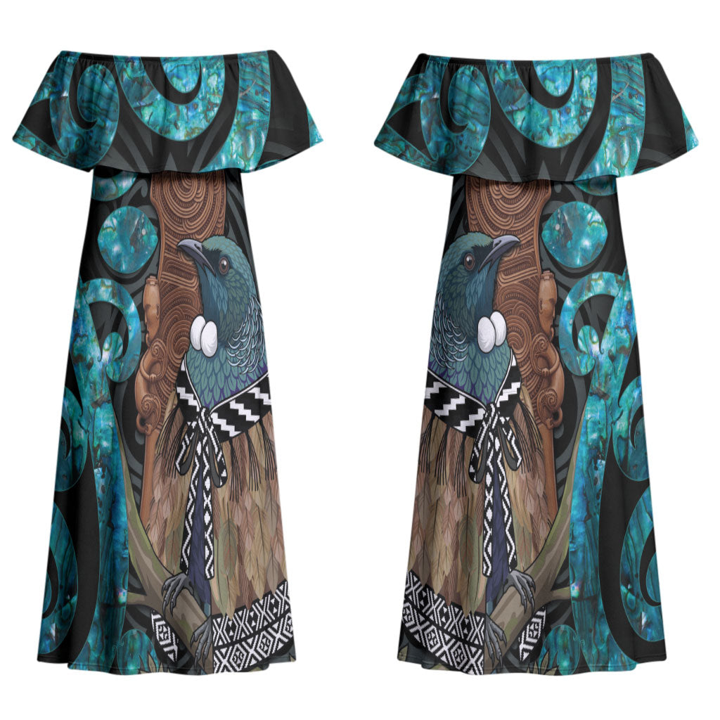 New Zealand Tui Bird Wahaika Couples Matching Off Shoulder Maxi Dress and Hawaiian Shirt Maori Weapon Paua Shell Koru Pattern