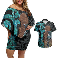 New Zealand Tui Bird Wahaika Couples Matching Off Shoulder Short Dress and Hawaiian Shirt Maori Weapon Paua Shell Koru Pattern