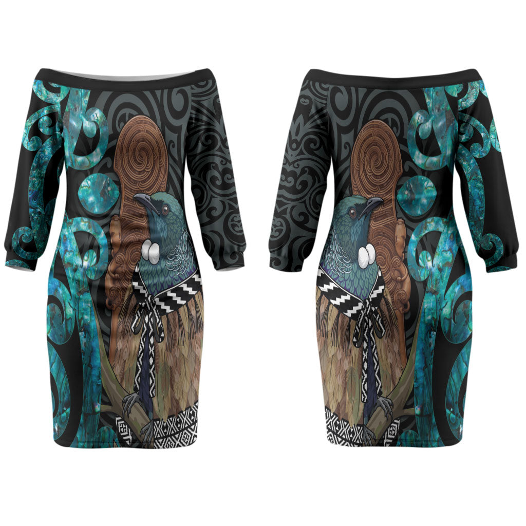 New Zealand Tui Bird Wahaika Couples Matching Off The Shoulder Long Sleeve Dress and Hawaiian Shirt Maori Weapon Paua Shell Koru Pattern