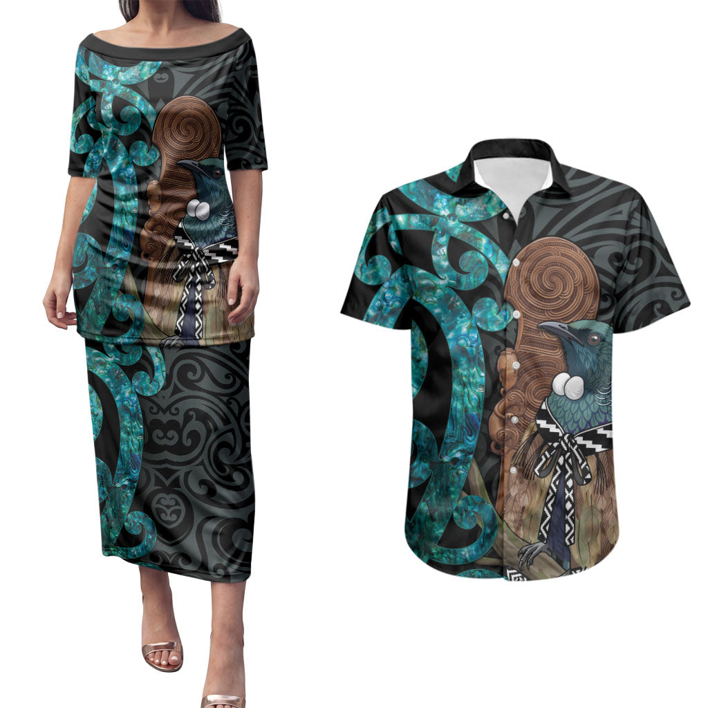 New Zealand Tui Bird Wahaika Couples Matching Puletasi and Hawaiian Shirt Maori Weapon Paua Shell Koru Pattern LT22 Black - Polynesian Pride