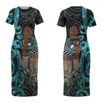 New Zealand Tui Bird Wahaika Couples Matching Short Sleeve Bodycon Dress and Hawaiian Shirt Maori Weapon Paua Shell Koru Pattern