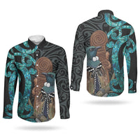 New Zealand Tui Bird Wahaika Couples Matching Short Sleeve Bodycon Dress and Long Sleeve Button Shirt Maori Weapon Paua Shell Koru Pattern