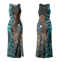 New Zealand Tui Bird Wahaika Couples Matching Tank Maxi Dress and Hawaiian Shirt Maori Weapon Paua Shell Koru Pattern