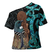 New Zealand Tui Bird Wahaika Cross Shoulder Shirt Maori Weapon Paua Shell Koru Pattern