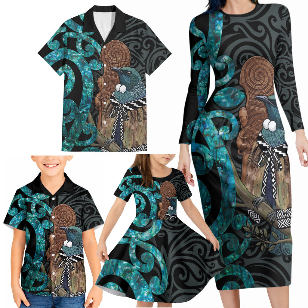 New Zealand Tui Bird Wahaika Family Matching Long Sleeve Bodycon Dress and Hawaiian Shirt Maori Weapon Paua Shell Koru Pattern