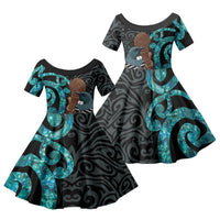 New Zealand Tui Bird Wahaika Family Matching Off The Shoulder Long Sleeve Dress and Hawaiian Shirt Maori Weapon Paua Shell Koru Pattern
