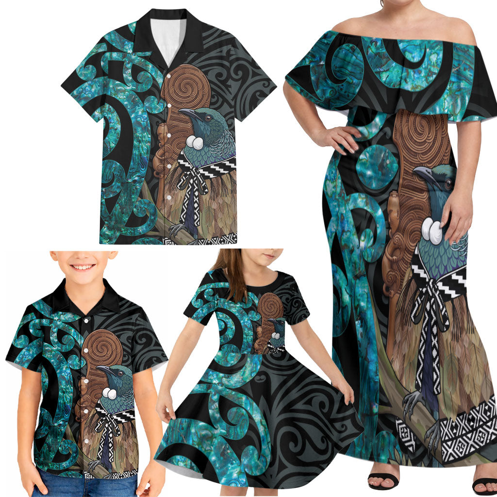 New Zealand Tui Bird Wahaika Family Matching Off Shoulder Maxi Dress and Hawaiian Shirt Maori Weapon Paua Shell Koru Pattern