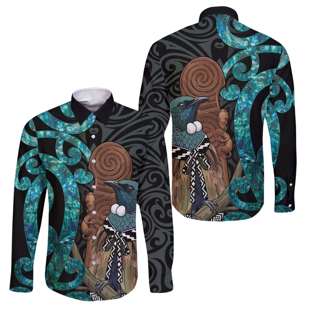New Zealand Tui Bird Wahaika Family Matching Off Shoulder Maxi Dress and Hawaiian Shirt Maori Weapon Paua Shell Koru Pattern