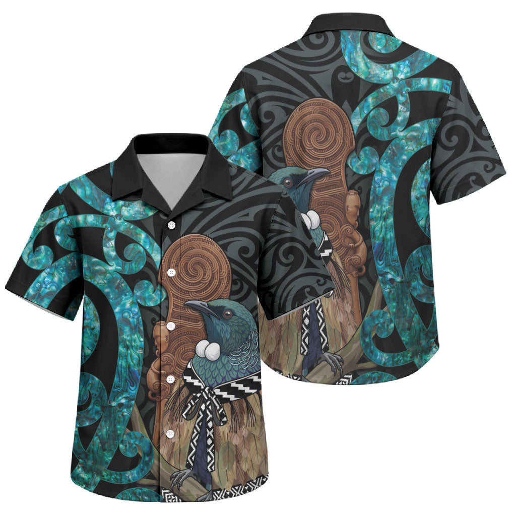 New Zealand Tui Bird Wahaika Family Matching Off Shoulder Short Dress and Hawaiian Shirt Maori Weapon Paua Shell Koru Pattern